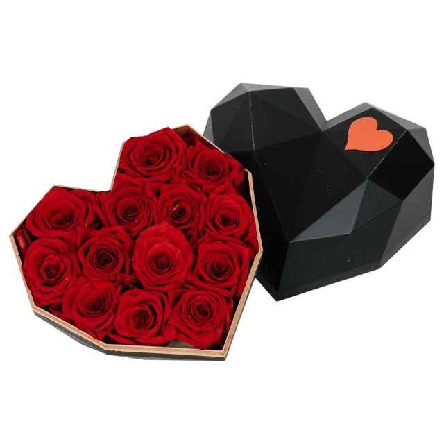 Preserved Red Rose In Black Heart Box